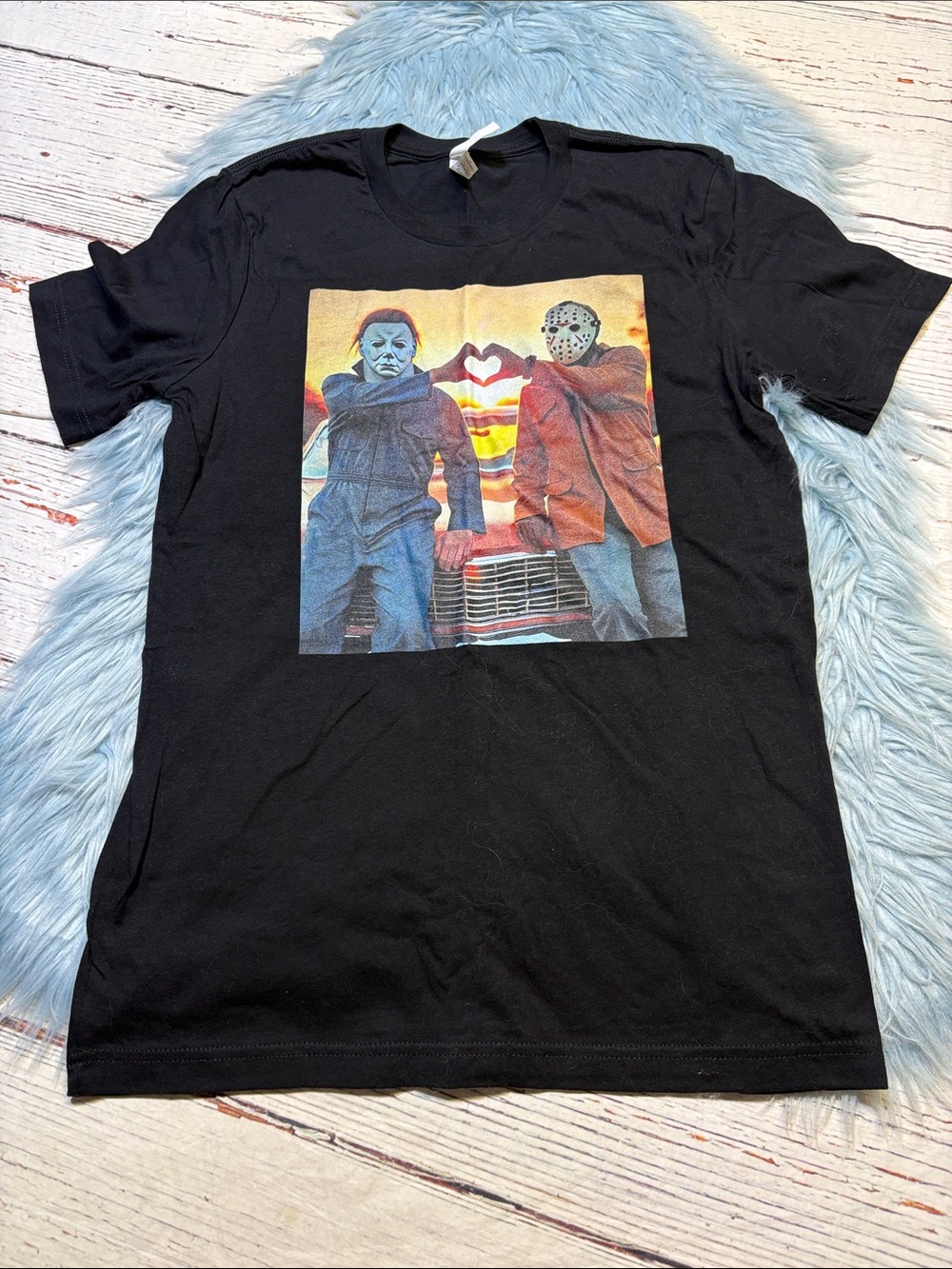 Bella Canvas Black Short-Sleeve Tee with Colorful Horror Duo Graphic Sz M
